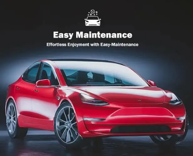 A sleek red electric car, resembling a Tesla Model 3, is showcased under dramatic lighting with a glossy finish. Above the car, bold white text reads "Easy Maintenance" with the subheading "Effortless Enjoyment with Easy-Maintenance," accompanied by a small icon of a car being worked on.