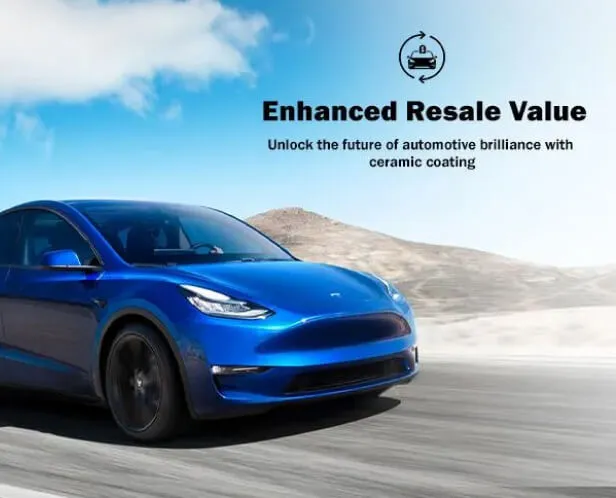 A shiny blue electric SUV, resembling a Tesla Model Y, is driving on an open road with a clear blue sky and desert landscape in the background. Bold black text at the top right reads "Enhanced Resale Value," followed by "Unlock the future of automotive brilliance with ceramic coating," accompanied by an icon of a car with a dollar sign.