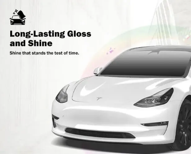 A glossy white electric car, resembling a Tesla Model 3, is displayed under soft lighting, showcasing its sleek, reflective surface. On the left, bold black text reads "Long-Lasting Gloss and Shine" with a smaller tagline below stating "Shine that stands the test of time." An icon of a car with sparkles above it emphasizes the theme of shine and durability.