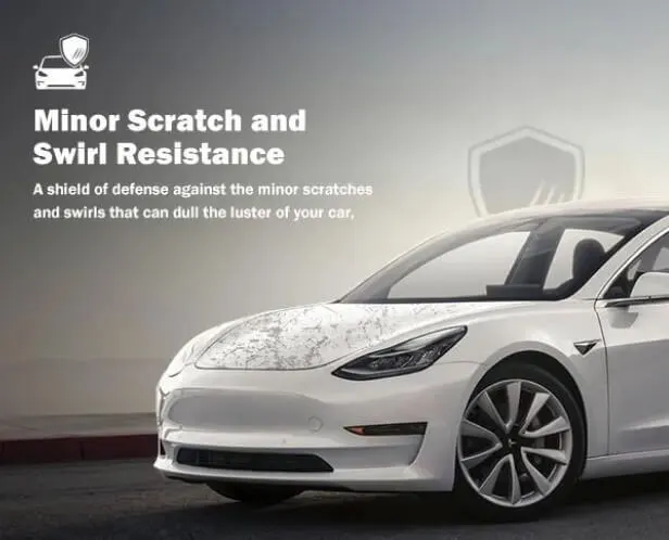 A white electric car, resembling a Tesla Model 3, is shown with a subtle overlay of scratches on its front hood to illustrate the effects of minor damage. On the left side, bold white text reads "Minor Scratch and Swirl Resistance," with a subheading stating, "A shield of defense against the minor scratches and swirls that can dull the luster of your car." An icon above the text depicts a car with a protective shield, reinforcing the theme of scratch resistance.