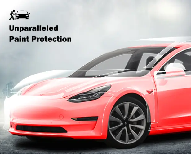 A red Tesla Model 3 with a translucent overlay illustrating areas protected by paint protection film, highlighting the car's hood, fenders, front bumper, side mirrors, and door edges. The background features a cloudy sky with text reading "Unparalleled Paint Protection."